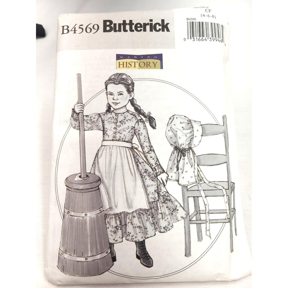 Butterick 4569 Uncut Pattern Girl's Colonial Costume Dress Bonnet Size 4, 5, 6